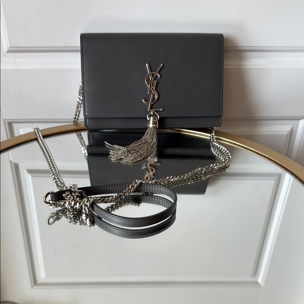 YSL Gray Leather Crossbody Bag with Silver Chain